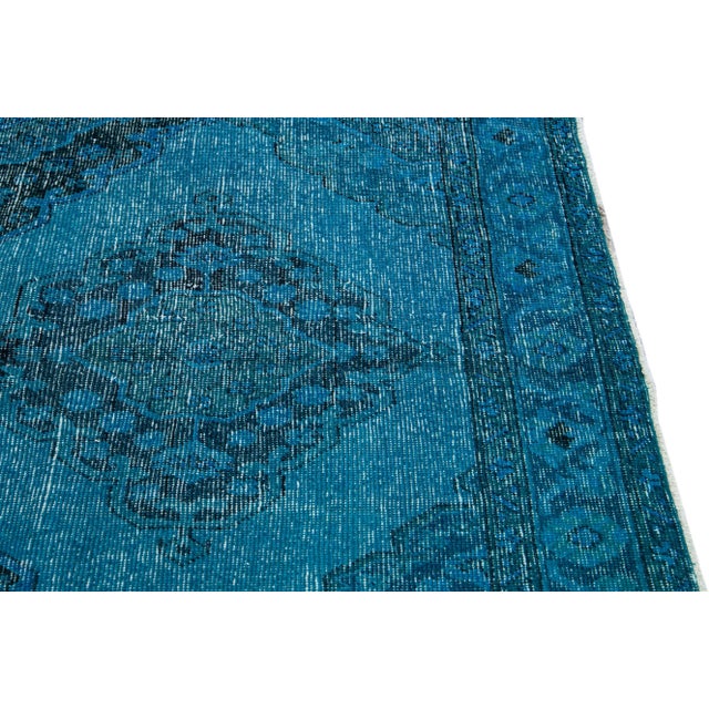 Teal Vintage Overdyed Handmade Teal Wool Runner With Tribal Design For Sale - Image 8 of 11