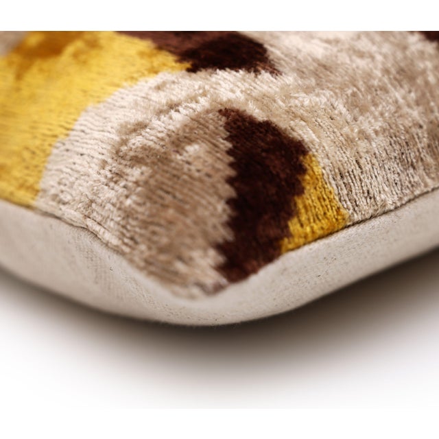 Luxury Mustard, Cream and Chocolate Silk Velvet Ikat Lumbar Pillow 16x24 Inch With Down Insert For Sale - Image 4 of 8