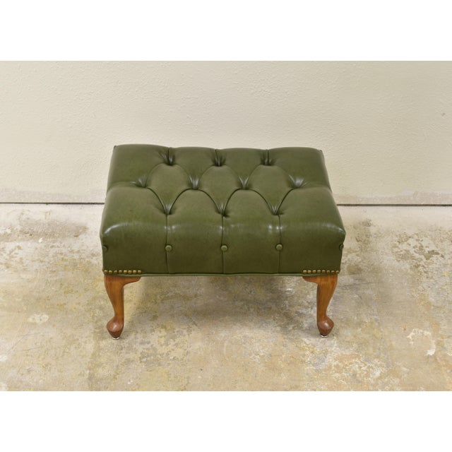 Traditional Olive Green Leather Footstool/Ottoman with deep button tufting on the top surface creates a diamond pattern,...