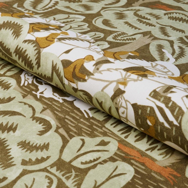 Schumacher SAMPLE - Schumacher X The New Yorker Margaret Schloeman's Fox Chase Fabric In Sage & Soft Brown For Sale - Image 4 of 4