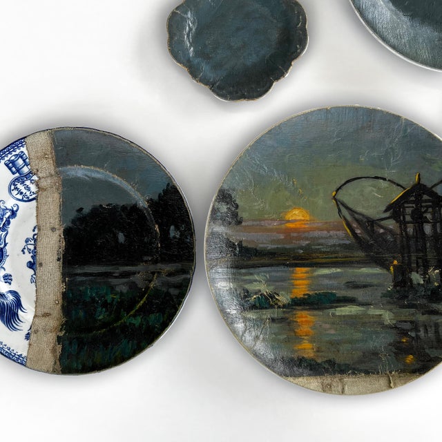 Wall Art Installation: Composition of Ceramic Plates and Oil on Canvas - "Tropical Moonlight" - Set of 5 For Sale - Image 10 of 11
