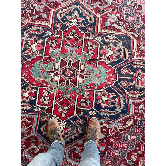 Antique Rich Heriz Full Pile Pastel Greens Rug 9 x 11.8 For Sale - Image 13 of 15