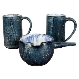 Vintage Brutalist German Studio Pottery Bowl and Mugs by Gerhard Liebenthron, 1984, Set of 3 For Sale