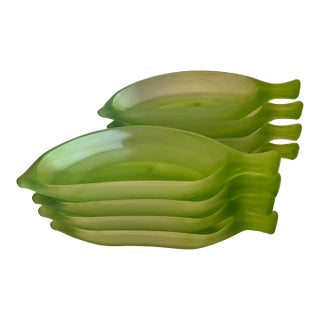 Vintage La Rochere France Frosted Green Glass Small Serving Dish - 8 For Sale