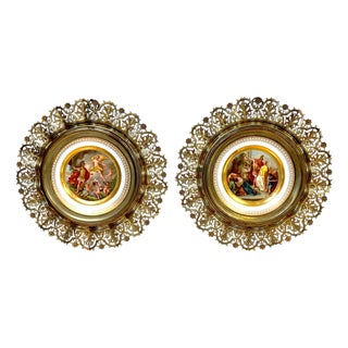 Pair Vienna Mythological Porcelain Plates in Pierced Gilt-Bronze Roman Frames For Sale