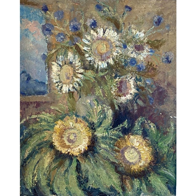 Wood Early 1900s Original French Sunflower Still Life Oil Painting For Sale - Image 7 of 10