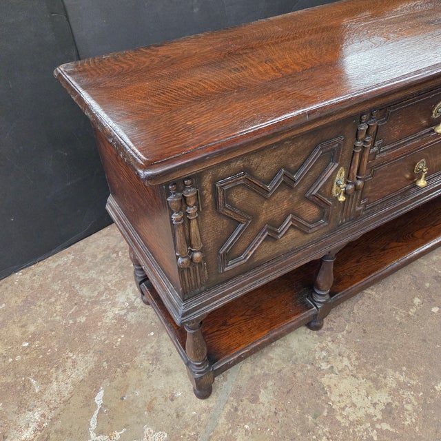 Antique English Carved Oak Sideboard With Intricate Geometric Carvings and Brass Hardware For Sale In Atlanta - Image 6 of 18