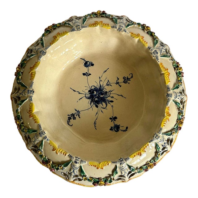 Antique Italian Nove Agostinelli & Dal Prà Majolica Floral Reticulated Centerpiece Bowl, C. 1920s–1930s For Sale