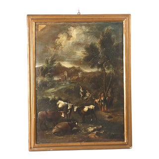Landscape with Figures and Herd, Oil Painting, Framed For Sale
