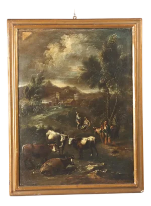 Landscape with Figures and Herd, Oil Painting, Framed