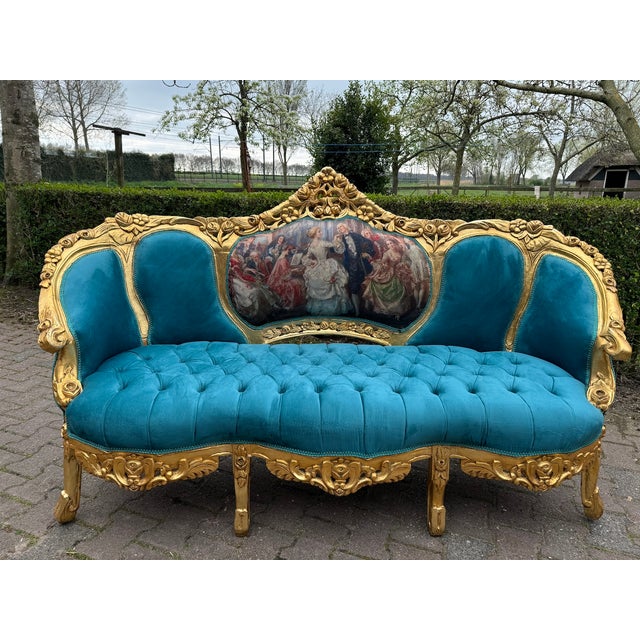 1900s French Louis XVI Blue/Green Velvet Beech Sofa Set 5pc For Sale - Image 15 of 18