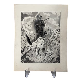 1940s Original Signed Graphite Illustration of Hunter With English Pointer Dog, 12.5 × 10 In. For Sale