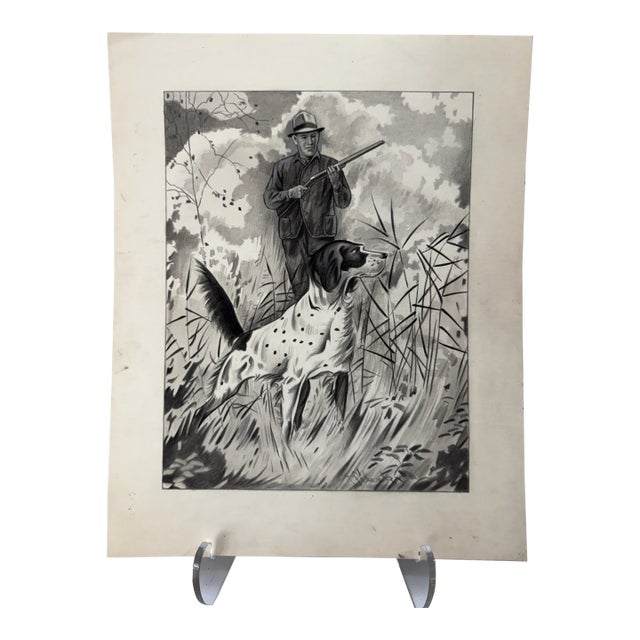 1940s Original Signed Graphite Illustration of Hunter With English Pointer Dog, 12.5 × 10 In. For Sale