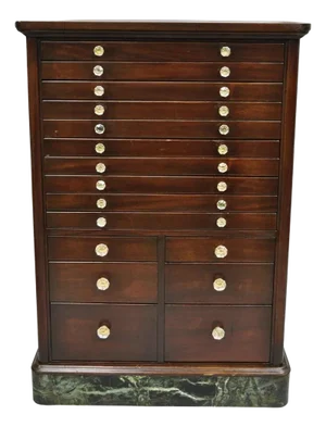 Antique Arts & Crafts Mahogany 15 Drawer Medical Dental Cabinet W/ Marble Base