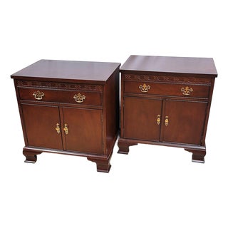 1980s Baker Furniture Chippendale Carved Mahogany Nightstands With Brass Hardware — Pair For Sale