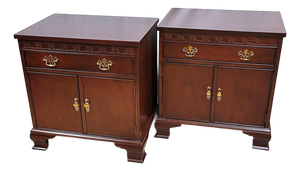 1980s Baker Furniture Chippendale Carved Mahogany Nightstands With Brass Hardware — Pair