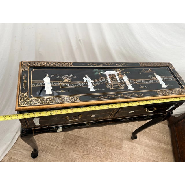 Vintage Sofa Table Console Chinoiserie Mother of Pearl Applique Asian Style For Sale - Image 10 of 11