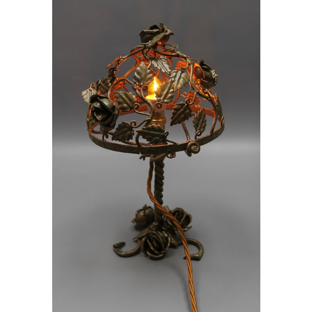 French Golden Metal Roses Table Lamp, 1950s For Sale - Image 11 of 18