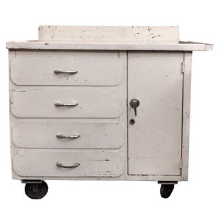 White Vintage Metal Cabinet On Wheels For Sale