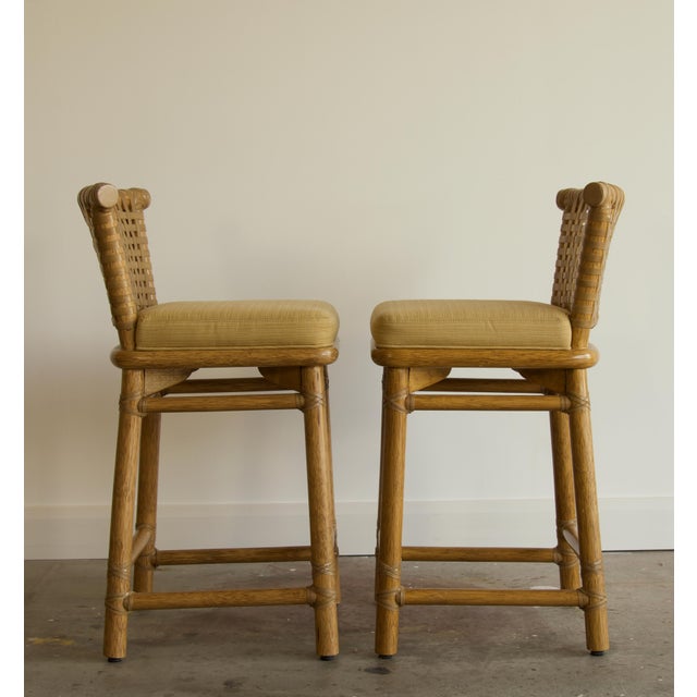 Late 20th Century Pair, McGuire San Francisco Woven Rawhide Counter Stools, Late 20th Century For Sale - Image 5 of 10