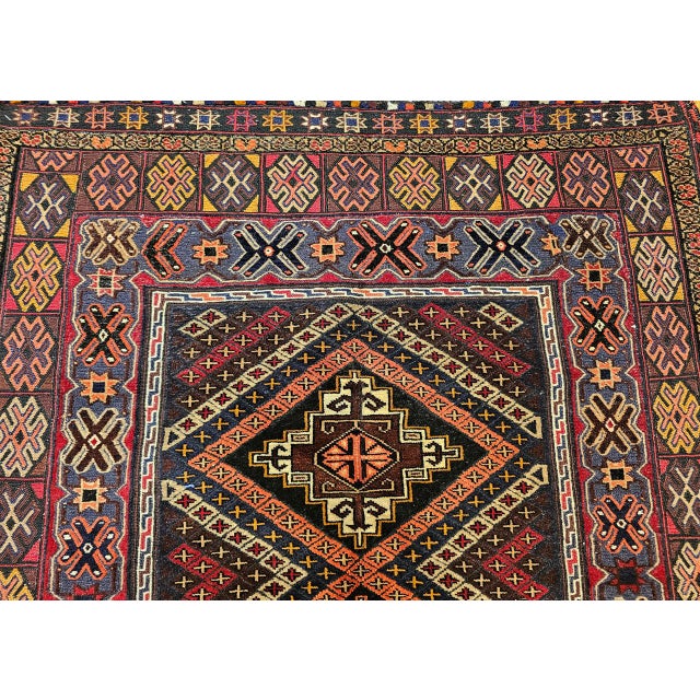 Vintage Afghan Baluch Tribal Area Rug in a Near-Square Size in Red, Blue, Brown For Sale - Image 10 of 17