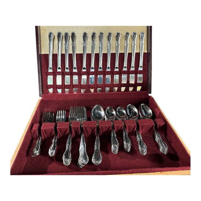 Vintage Ranmaru Stainless Floral & Scroll Decorated Flatware Silverware Set 12 Plus For Sale