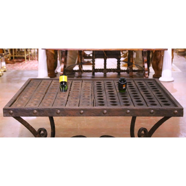 Mid-Century French Iron and Oak Riddling Board Table With Glass Top For Sale - Image 11 of 15