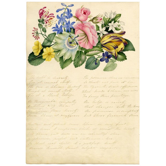 An original early 19th-century watercolour painting Floriography Poem & Flower Illustration.Handwritten verse on the...