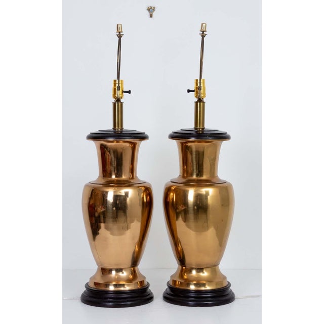 Hollywood Regency Pair Large Brass Lamps For Sale - Image 3 of 6