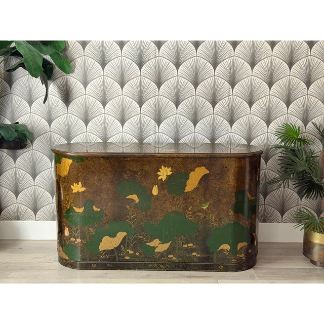 Vintage Mid-Century Modern Hand-Painted Asian Chinese Chinoiserie-Style Lacquered Oval Credenza Buffet Sideboard Cabinet For Sale - Image 14 of 18