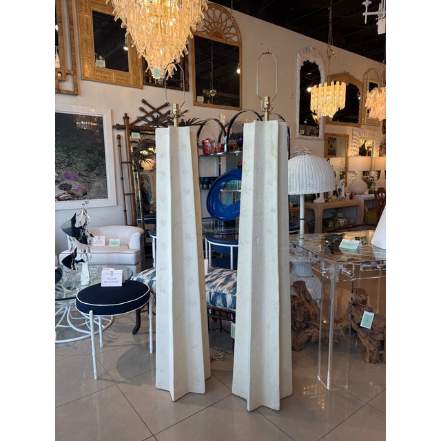 Cream Michael Taylor Monumental Pair 1970s Plaster Stone Floor Lamps Newly Wired For Sale - Image 8 of 13