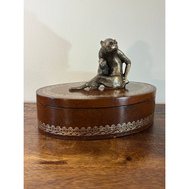 Vintage Leather Decorative Box Attributed to Maitland Smith With Metal Monkey For Sale In Miami - Image 6 of 9