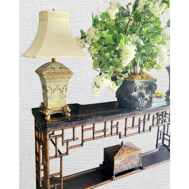 Chinese Vintage Chinese Chippendale Lexington Tortoiseshell Bronze Black Extra Long Tessellated Top Console Sofa Table For Sale - Image 3 of 15