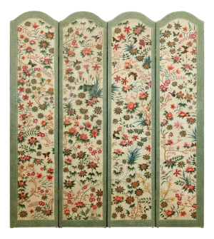 Vintage Four-Panel Polychrome Floral Folding Screen with Scalloped Accents