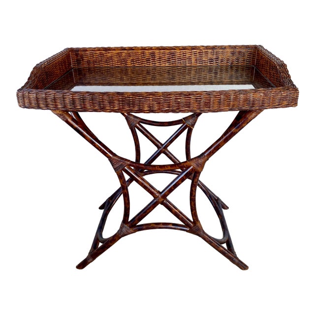 Vintage Tortoiseshell Finish Bamboo and Rattan Tray Table W/Glass Insert For Sale