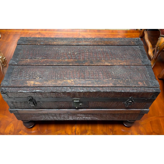 Brown Antique 1920’s Crocodile Leather Steamer Trunk Coffee Table For Sale - Image 8 of 8
