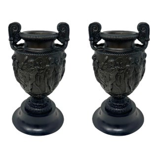 Antique Pair French Roman Bronze Townley Urns Vases Black Marble Grand Tour 19Ct For Sale