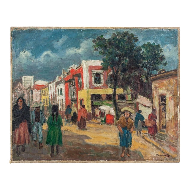 Albert Abramovitz, Street Scene Oil Painting Circa 1930s Albert Abramovitz Wpa Artist Mexican Town For Sale
