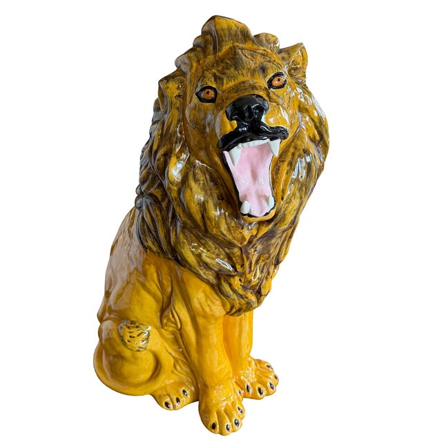 Large Italian Majolica Roaring Lion Sculpture, Hand-Painted Glazed Ceramic 1970s For Sale In Oklahoma City - Image 6 of 11