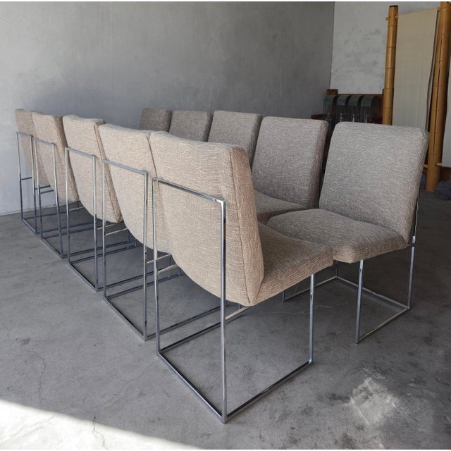Exquisite set of 10 Mid Century Model 1187 "Thin Line" chrome dining chairs by Milo Baughman for Thayer Coggin. The thin...