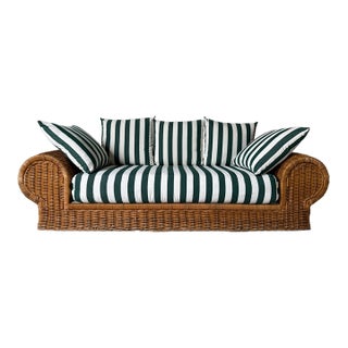 1970s Vintage Coastal Organic - Rattan Sofa With Rolled Arms & Striped Cushions For Sale