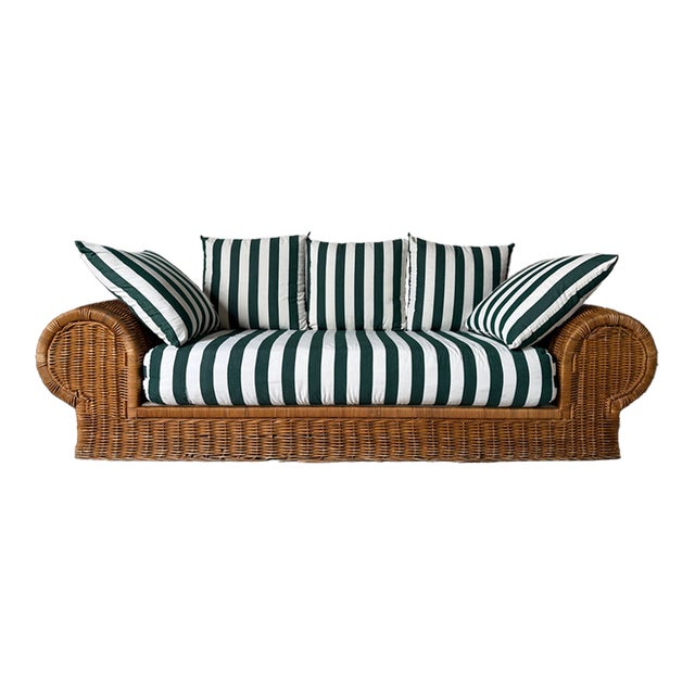 1970s Vintage Coastal Organic - Rattan Sofa With Rolled Arms & Striped Cushions For Sale