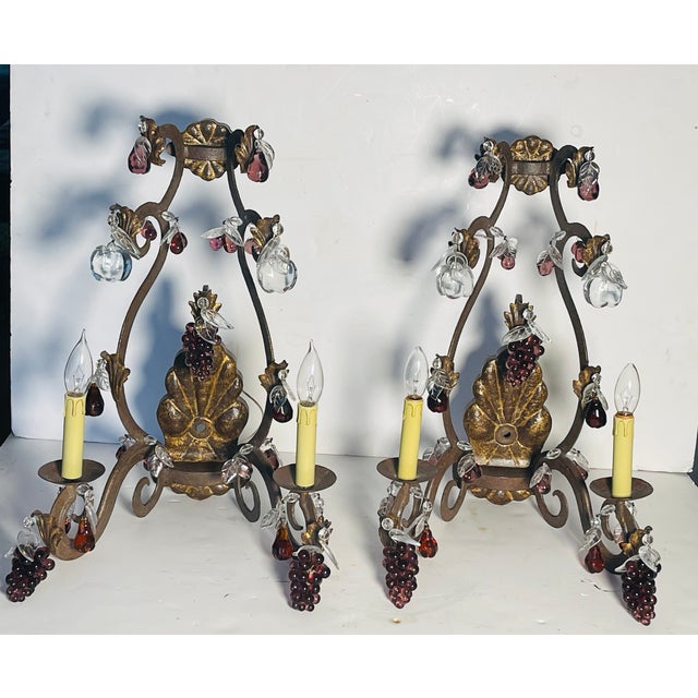 Antique Iron Wrought Sconces With Glass Fruits and Grape Clusyers - Pair For Sale - Image 4 of 11