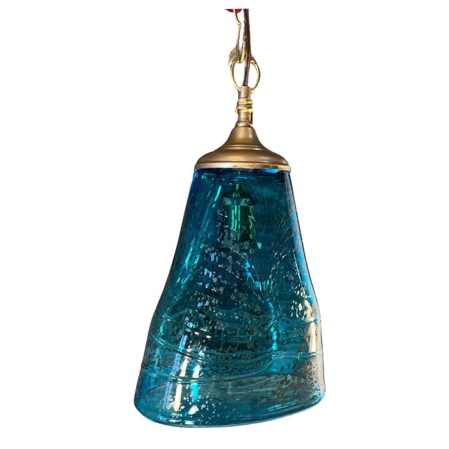 Metal Art Glass Aqua Blue Pendant Light For Sale - Image 7 of 12