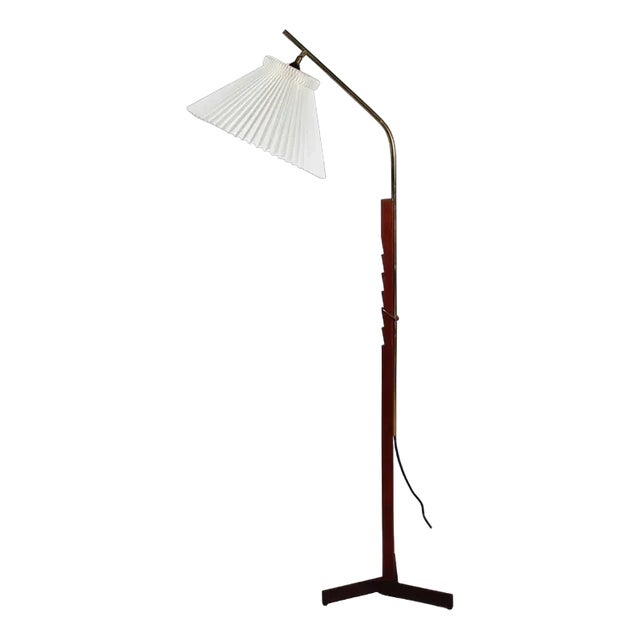 Danish Adjustable Floor Lamp in Teak, Brass and Iron with Le Klint Shade by Svend Aage Holm Sørensen, 1950s For Sale