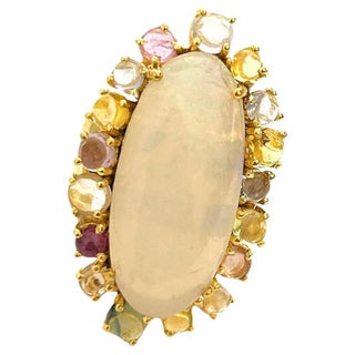 Bochic “Orient” Opal & Multi Color Rose Cut Sapphire Ring Set 18K Gold & Silver, Size 7 For Sale