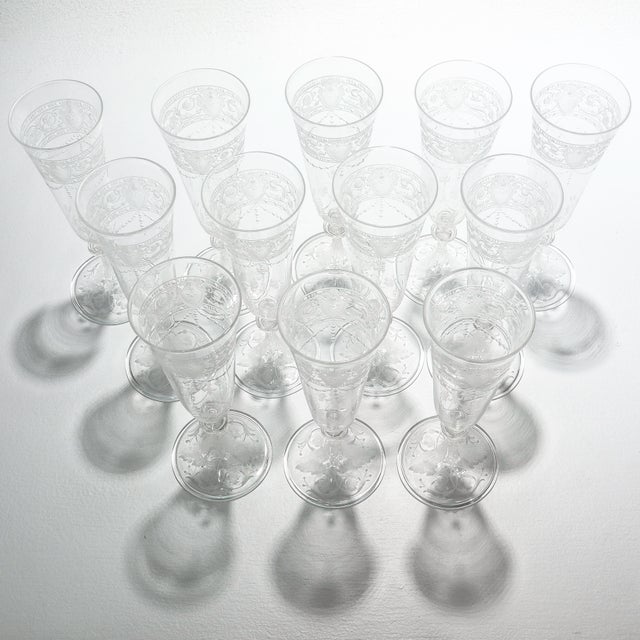 Set of 12 Antique Stourbridge Etched & Engraved Glass Champagne Flutes For Sale - Image 13 of 16