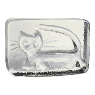 Mid Century Modernist Glass Cat Paperweight Modernist Art Glass Cube, Scandinavian Style For Sale