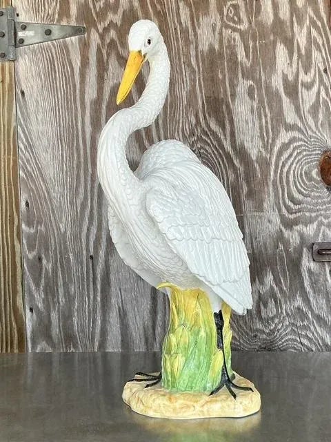 Vintage Coastal Monumental Glazed Ceramic Snowy Egret Sculpture — additional photo 4
