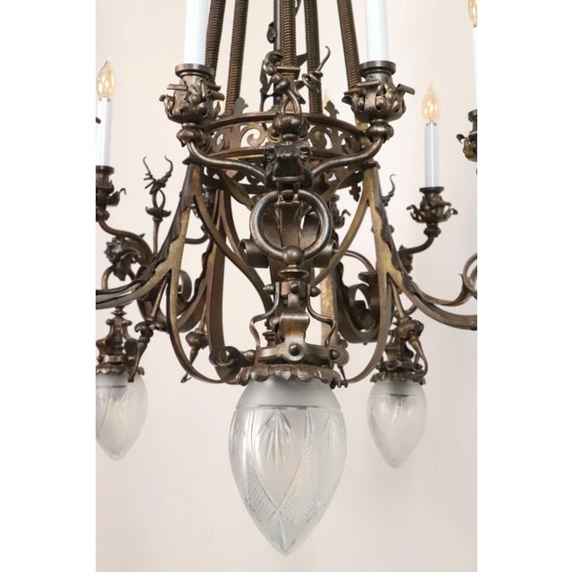 Early 20th Century Cast Bronze Highly Ornate Chandelier With Original Etched Glass Down Shades For Sale - Image 13 of 16